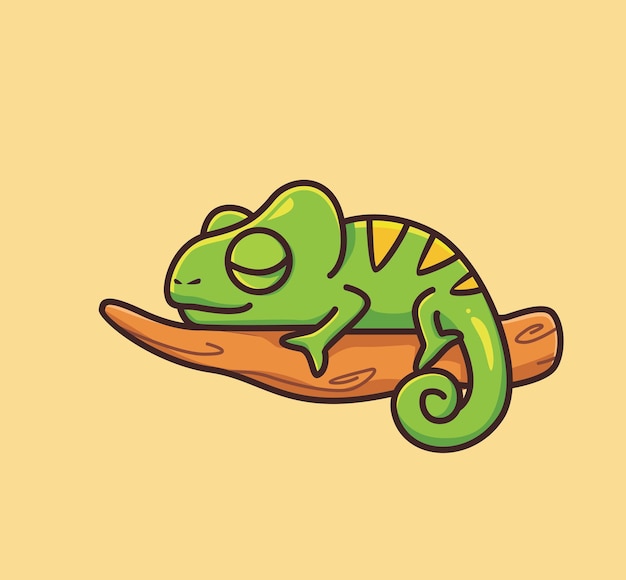 Vecteur joli bébé caméléon dormant sur une branche d'arbre icône d'illustration vectorielle isolé dessin animé de style plat