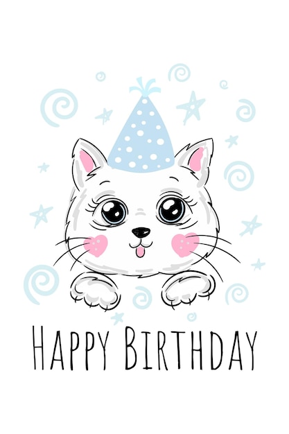 Joli bébé chaton ou chat sur le modèle de carte de joyeux anniversaire Conception de cartes de joyeux anniversaire avec un mignon chaton kawaii