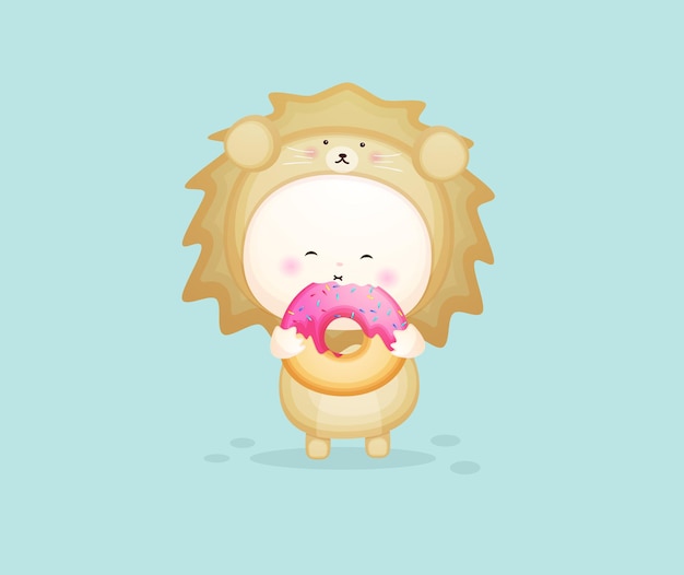 Joli bébé en costume de lion tenant un beignet. Illustration De Dessin Animé De Mascotte Vecteur Premium