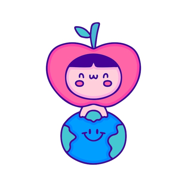 Joli Bébé En Costume De Pomme Avec L'art De Doodle De La Planète Terre, Illustration Pour T-shirt, Autocollant.