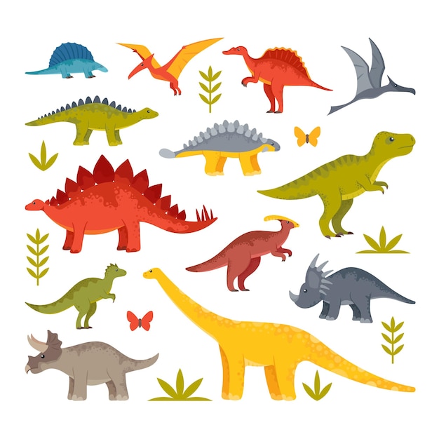 Joli bébé dinosaures, dragons et jeu de personnages drôles de Dino. Tyrannosaurus Rex, Stégosaure, Ptérodactyle, Brontosaure