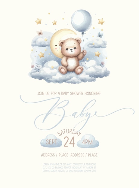 Joli Bébé Douche Carte D'invitation à L'aquarelle Avec Ours Sur Nuage Avec Ballon