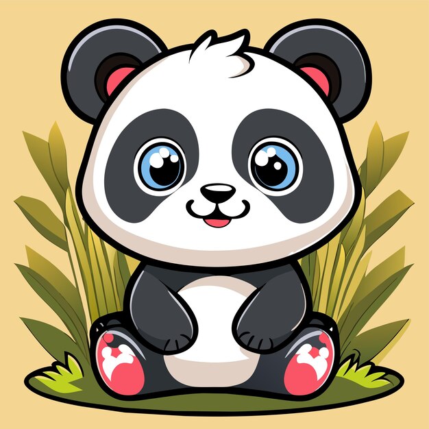 Vecteur joli bébé panda assis dans l'herbe dessiné à la main dessin animé autocollant icône concept illustration isolée