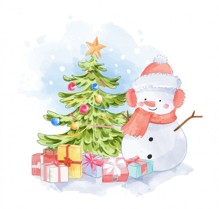 Vecteur joli bonhomme de neige avec des cadeaux et un arbre de noël