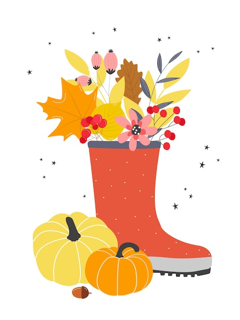 Un Joli Bouquet De Feuilles D'automne Et De Baies Dans Des Bottes En Caoutchouc. Illustration Dans Un Style Plat