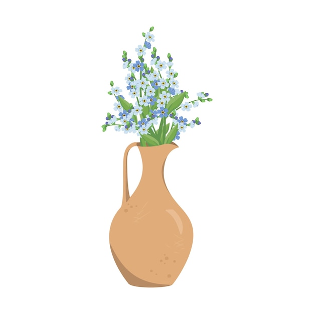 Joli Bouquet De Printemps Et D'été De Petites Fleurs Bleues Ne M'oubliez Pas Avec Des Tiges Et Des Feuilles Dans Un Vase Ou Une Cruche En Argile Design D'intérieur Magasin De Plantes Illustration Vectorielle