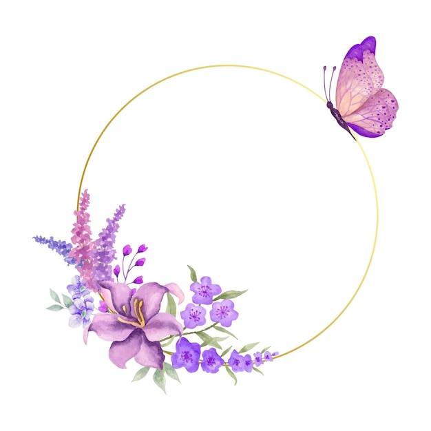 Joli cadre floral aquarelle dessiné à la main avec de beaux papillons