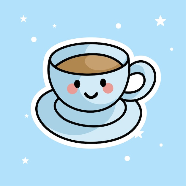 Le joli café Kawaii est isolé sur un fond bleu