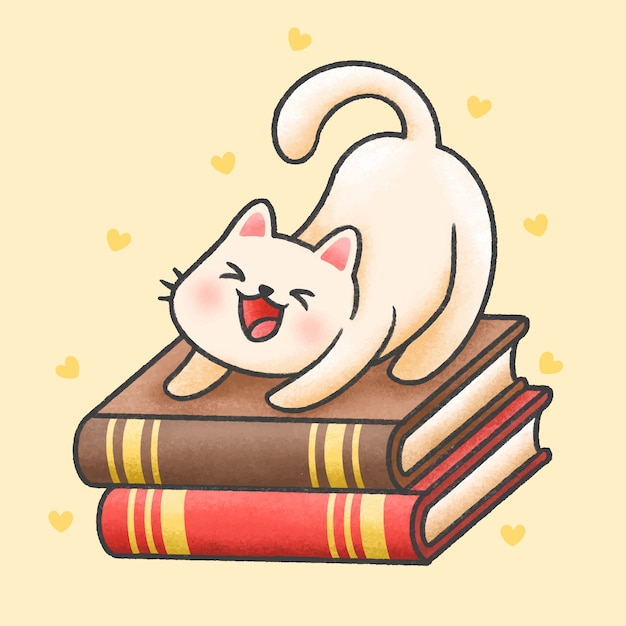 Joli chat assis sur une pile de livres de bande dessinée style dessinés à la main