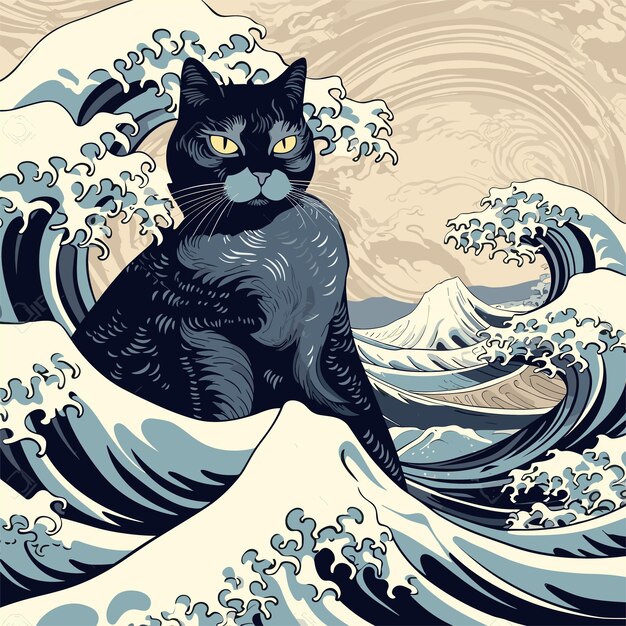 Vecteur un joli chat de dessin animé assis sur l'illustration de la vague