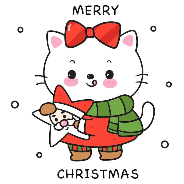 Joli Chat De Noël Dessin Animé Kawaii Chaton Carte De Bonne Année Animal D'hiver