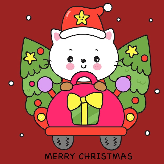 Joli Chat Père Noël Et Arbre De Noël Dessin Animé Kawaii Chaton Carte De Bonne Année Animal D'hiver