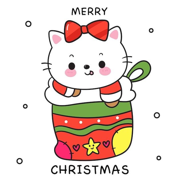 Joli Chat Père Noël Dans La Chaussette De Noël Dessin Animé Kawaii Chaton Carte De Bonne Année Animal D'hiver