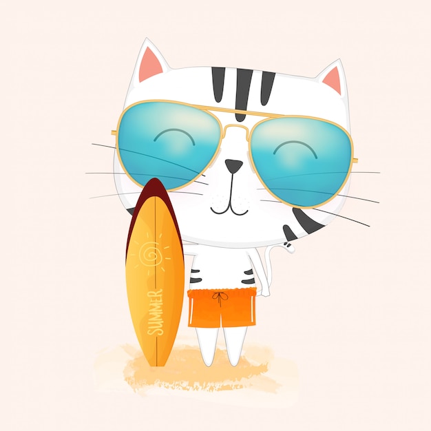 Joli Chat Portant Des Lunettes De Soleil Tenant Une Planche De Surf.