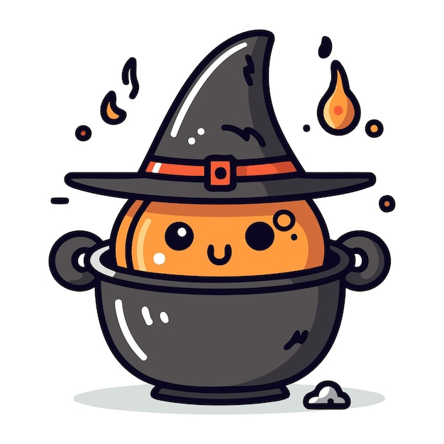 Joli chaudron de sorcière d'Halloween avec une citrouille et un chapeau Illustration vectorielle