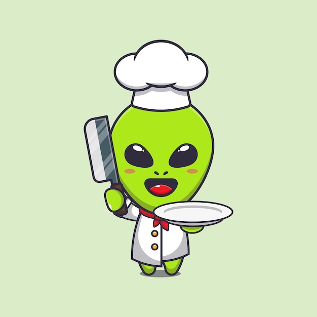 Joli Chef Extraterrestre Avec Illustration Vectorielle De Dessin Animé Couteau Et Assiette.