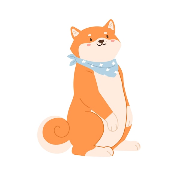 Joli Chien Drôle De Race Japonaise Debout Sur Ses Pattes Arrière Et Attendant De La Nourriture. Adorable Chiot Shiba Ou Akita Inu Portant Un Bavoir. Illustration Vectorielle Plane Colorée De Chien Heureux Isolé Sur Fond Blanc