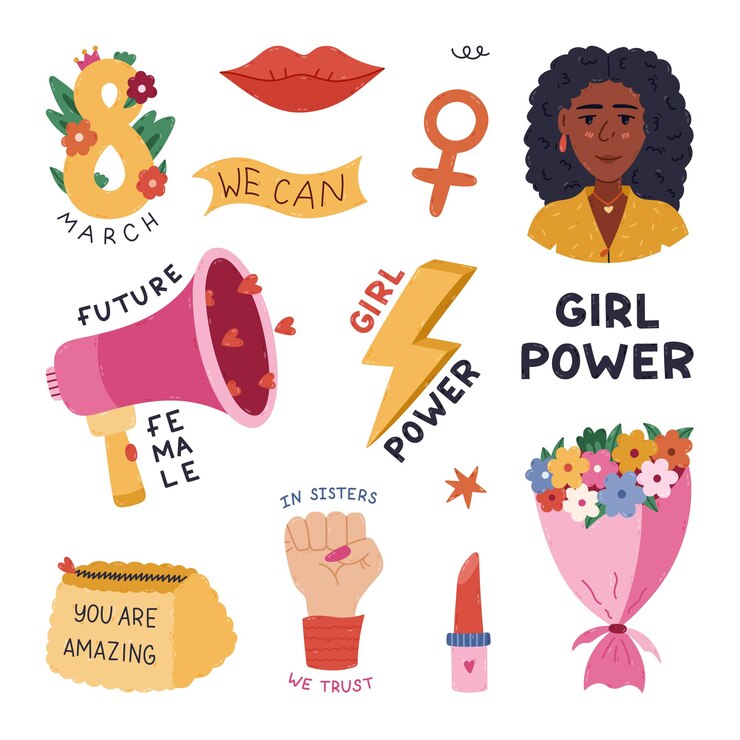 Vecteur joli clip de dessin animé pour la journée internationale de la femme avec des autocollants féministes positifs