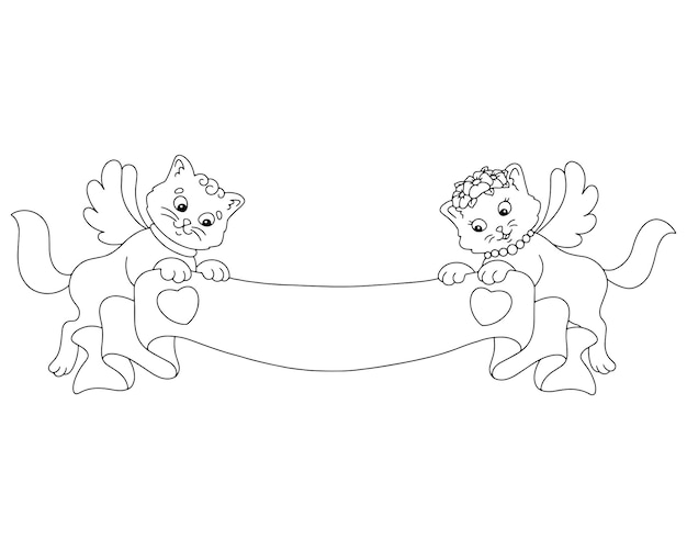 Un Joli Couple De Chats Tient Une Bannière Vierge Page De Livre De Coloriage Pour Les Enfants Saint Valentin