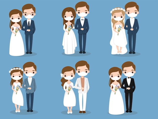 Vecteur joli couple avec dessin animé masque facial pour la conception de cartes de mariage