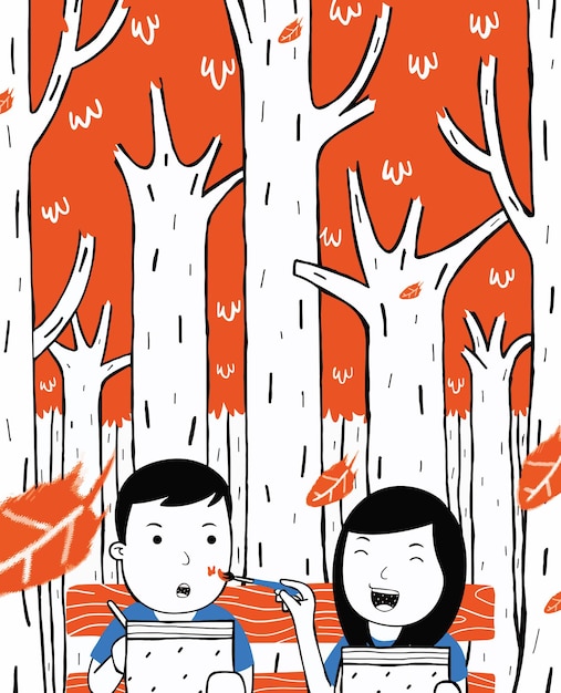 Joli Couple Dessinant Dans Le Parc Forestier En Style Cartoon