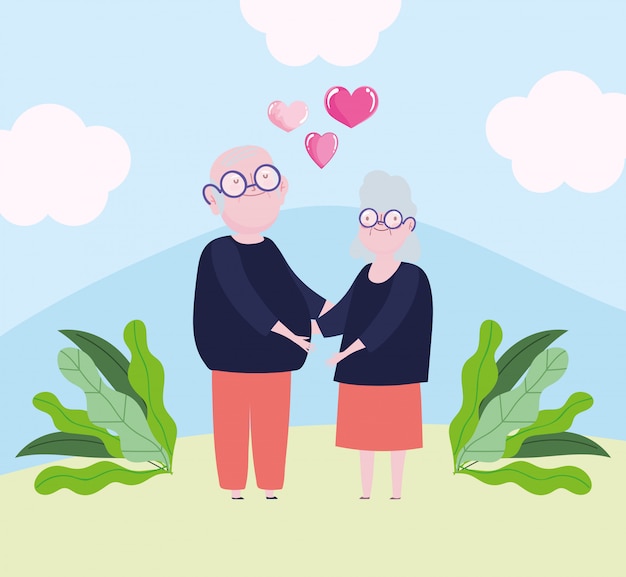 Joli couple de grands-parents avec coeur et ruban aiment la conception de dessin animé romantique