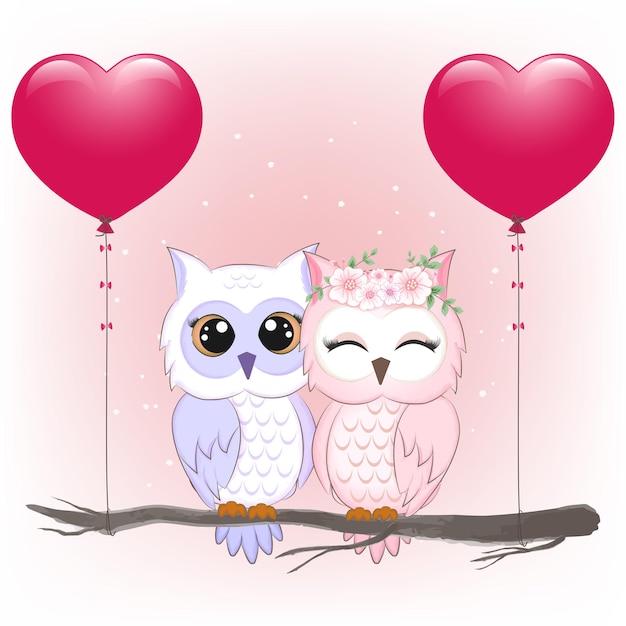 Vecteur joli couple hibou et ballons coeur