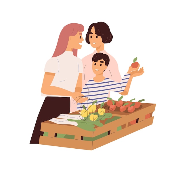 Joli Couple Homosexuel Avec Enfant Achetant Des Fruits Sur Le Marché. Aimer Les Parents Lesbiens Avec Un Enfant à L'épicerie. Famille Lgbt Dans La Boutique. Illustration De Dessin Animé De Vecteur Plat Isolé Sur Blanc.