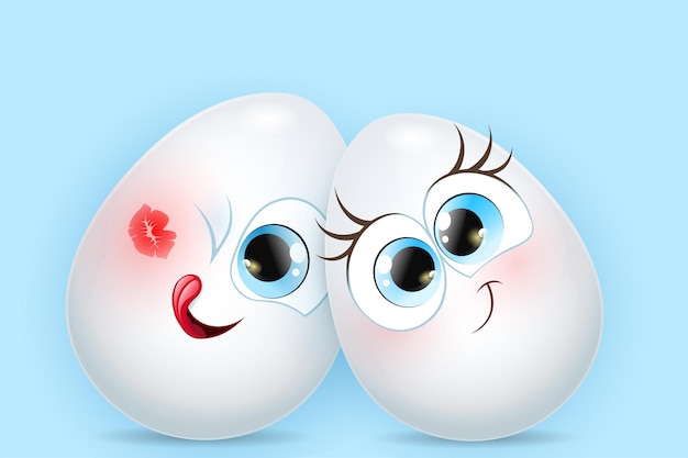 Joli couple d'oeufs de Pâques drôle. Garçon avec un baiser rouge à lèvres sur sa joue. Concept de la Saint-Valentin