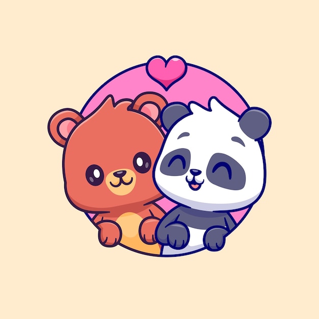 Joli Couple Ours Et Panda Mignon Avec Illustration D'icône De Vecteur De Dessin Animé Amour. Nature Animale Isolée