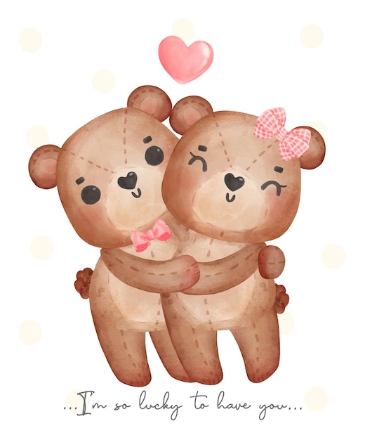 Joli Couple Ours En Peluche Brun Garçon Et Fille S'embrassent Happy Valentine Adorable Cartoon