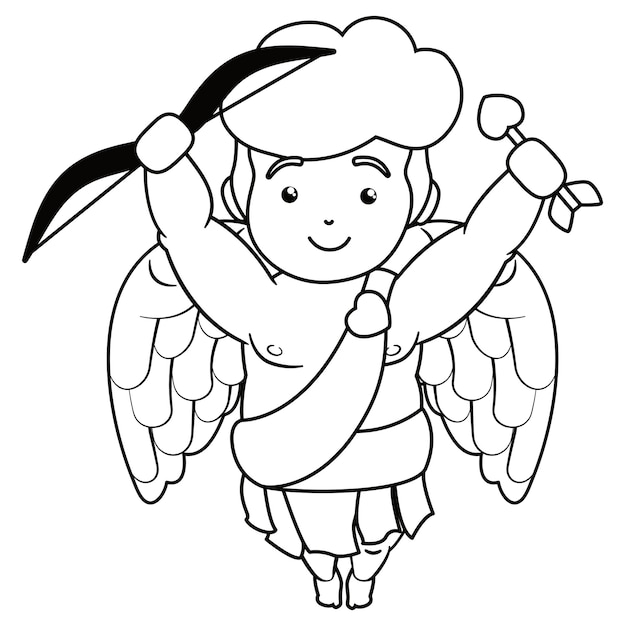 Joli Cupidon Volant Avec Tunique Tenant Un Arc Et Une Flèche En Forme De Coeur Dans Les Contours Pour Le Colorer