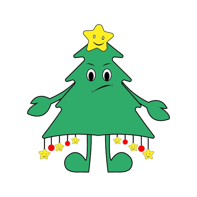 Vecteur joli design d'arbre de noël pour le personnage de dessin animé de noël avec des étoiles et un vecteur de balle