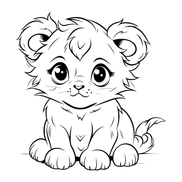 Vecteur joli dessin animé bébé lion illustration vectorielle en noir et blanc