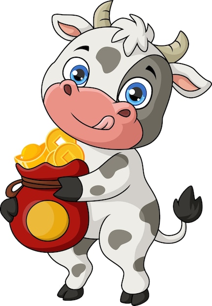 Vecteur un joli dessin animé de vache avec un sac plein de pièces d'or et de lingots