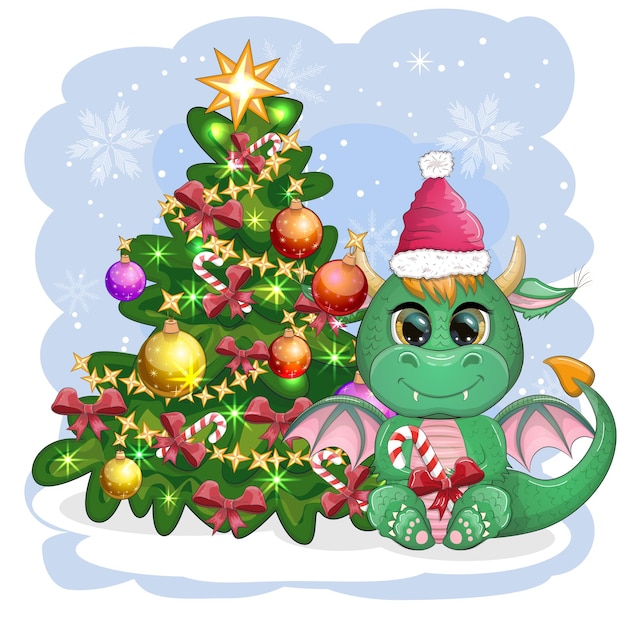 Un joli dragon vert de dessin animé dans un chapeau de Père Noël tient un cadeau rouge et s'assoit à côté de l'arbre de Noël calendrier chinois du nouvel an 2024