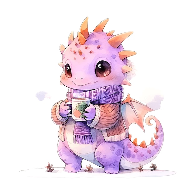 Joli dragon violet de Noël dans un style aquarelle sur fond blanc