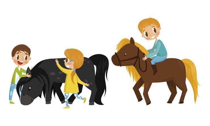 Vecteur joli enfant caressant et montant un cheval ensemble vectoriel