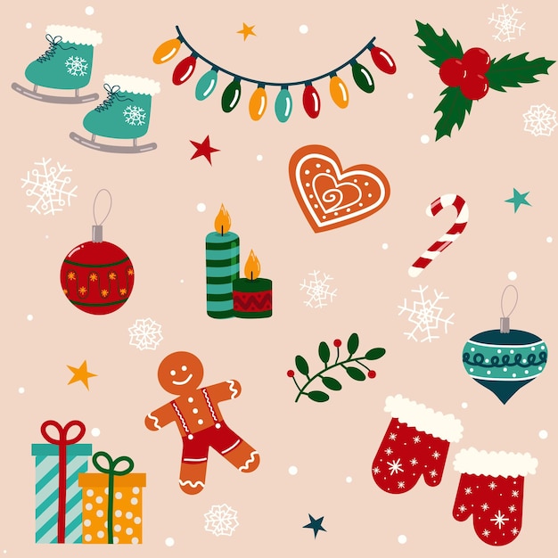 Joli ensemble avec arbre de Noël jouets patins cadeaux bougies guirlandes flocons de neige et pain d'épice vecteur