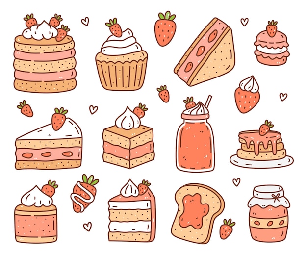 Joli Ensemble Avec Des Desserts Aux Fraises Et Des Boissons Isolés Sur Fond Blanc Style Doodle