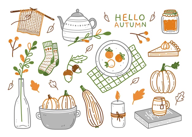 Joli Ensemble D'éléments D'automne Dans Un Style Doodle