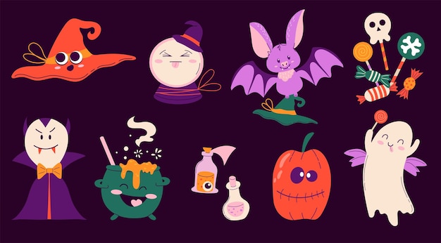 Joli Ensemble D'halloween Collection De Mascotes Chapeau De Sorcière Potion De Vampire Fantôme De Citrouille Bonbons De Chauve-souris