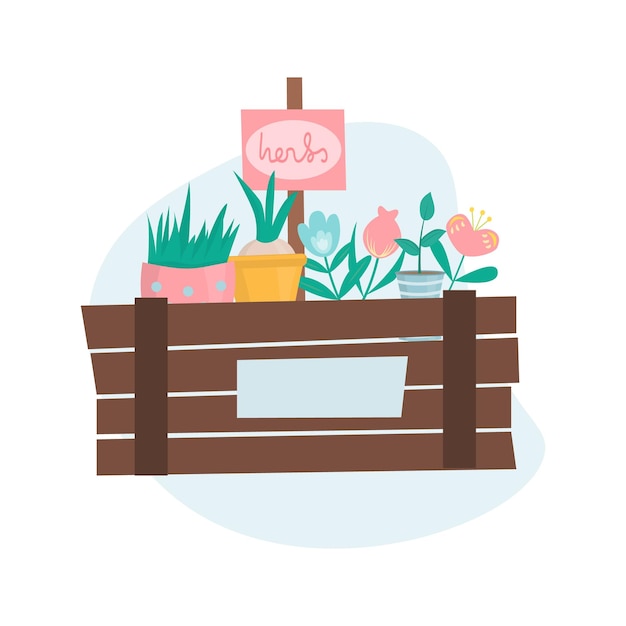 Vecteur joli ensemble de jardinage caisse en bois avec pot de fleurs avec plaque signalétique pour plantes et herbes