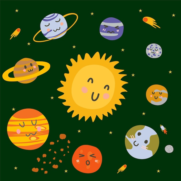 Joli Ensemble De Système Solaire Avec Illustration Vectorielle De Comètes Et D'astéroïdes