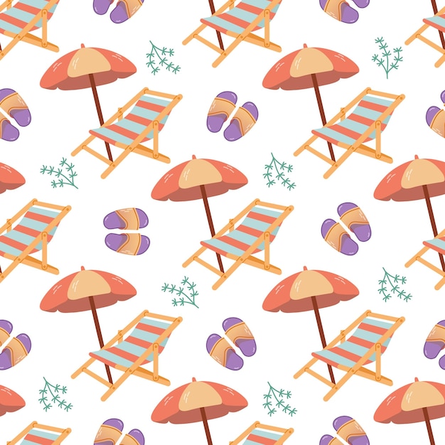 Joli fauteuil de plage dessiné à la main avec un parapluie de plage avec des tongs sans couture Vector plat
