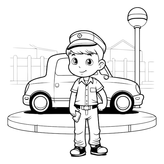 Vecteur joli garçon avec une casquette de police et un uniforme dans la ville dessin animé illustration vectorielle conception graphique