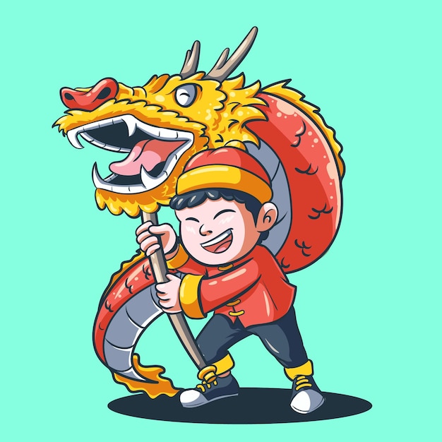 Vecteur un joli garçon chinois exécute une illustration traditionnelle de la danse du dragon