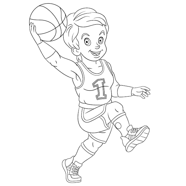 Joli Garçon Jouant Au Basket. Page De Livre De Coloriage De Dessin Animé Pour Les Enfants.