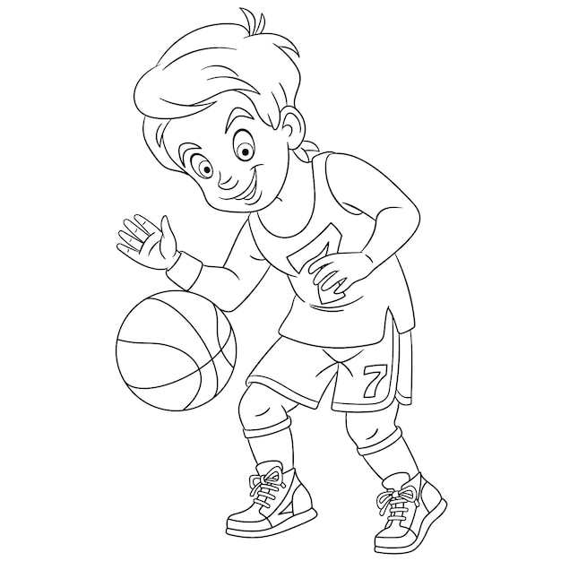 Joli garçon jouant au basket. Page de livre de coloriage de dessin animé pour les enfants.