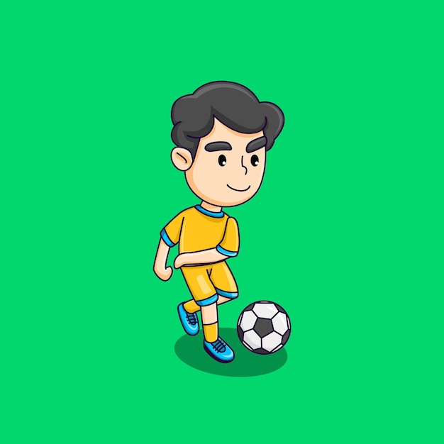 Joli Garçon Jouant Au Football Garçon Heureux Botter Le Ballon Illustration Vectorielle De Dessin Animé